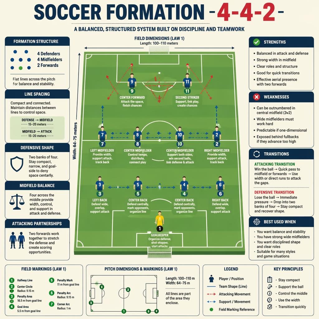 Top-down soccer pitch infographic showing a labeled 4-4-2 formation, player roles, arrows, legend, and side notes.