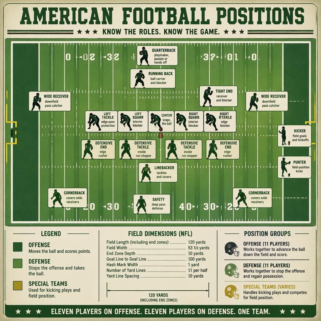 Top-down retro sports infographic of American football positions on a green field with labeled icons, legend, and white boxes.