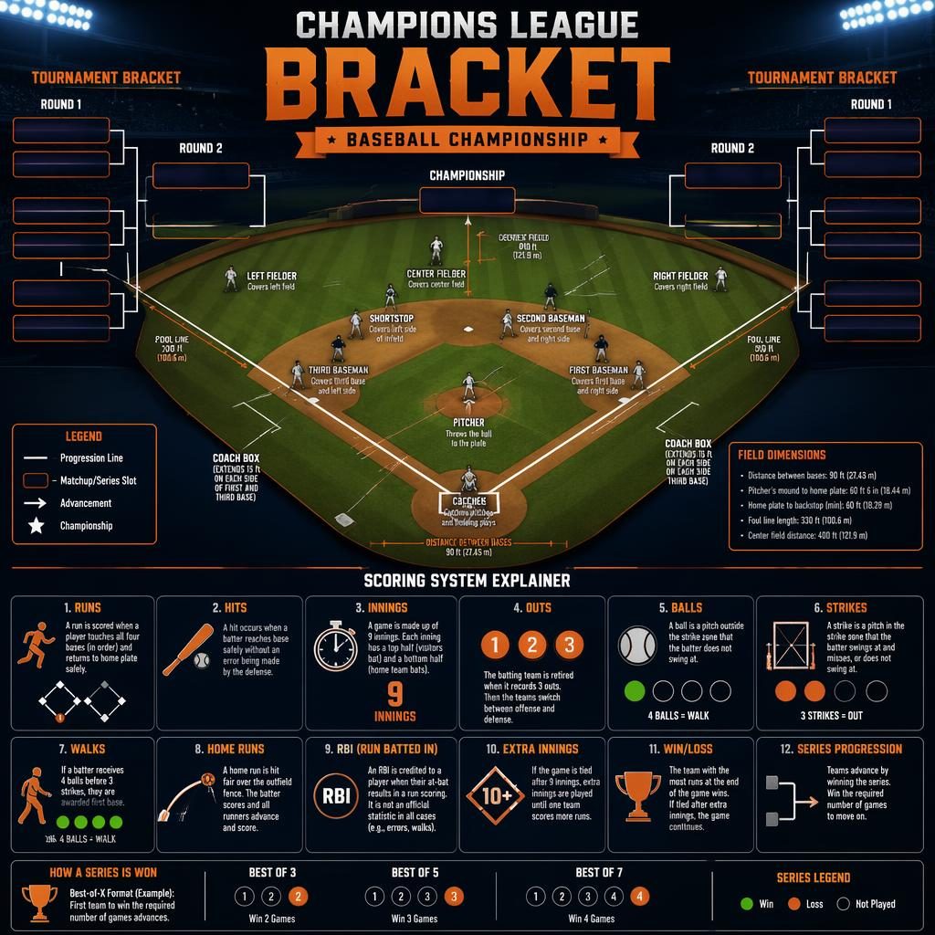 Dark stadium baseball infographic with bracket layout, labeled field diagram, scoring explainer, player positions, and orange navy graphics.
