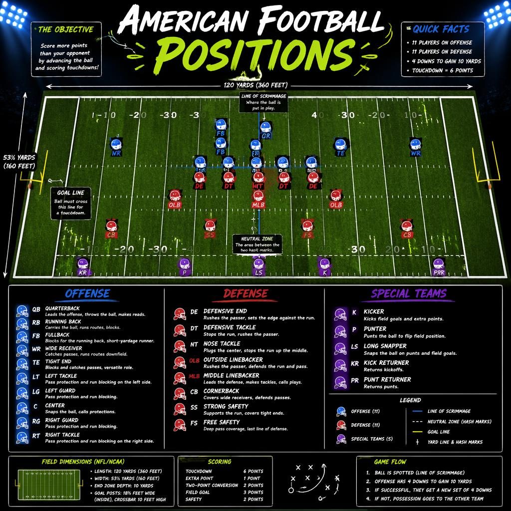 Top-down American football positions infographic with offense, defense, and special teams on a marked field.