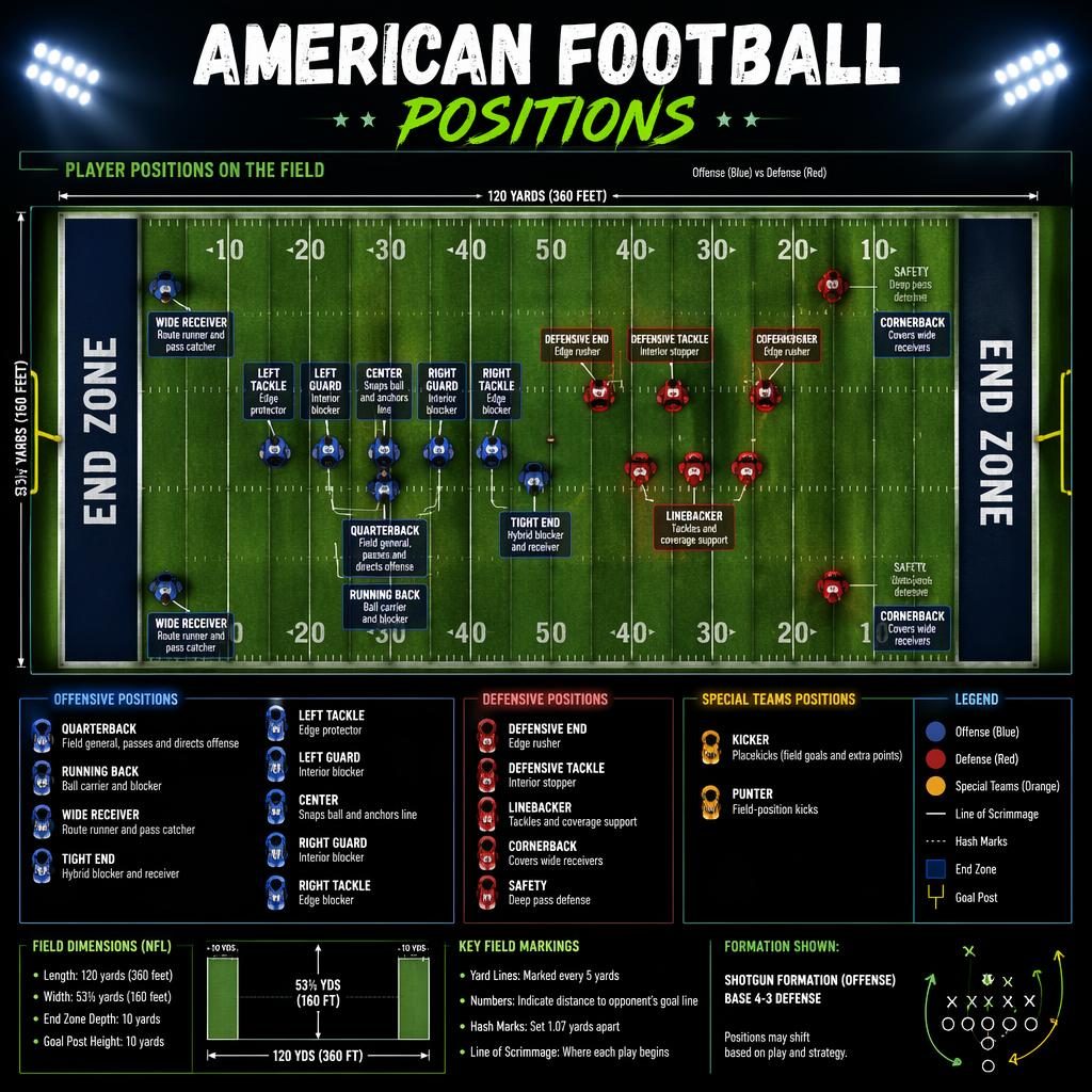 Top-down American football field infographic with labeled player positions, yard lines, legend, and neon sketchnote style.
