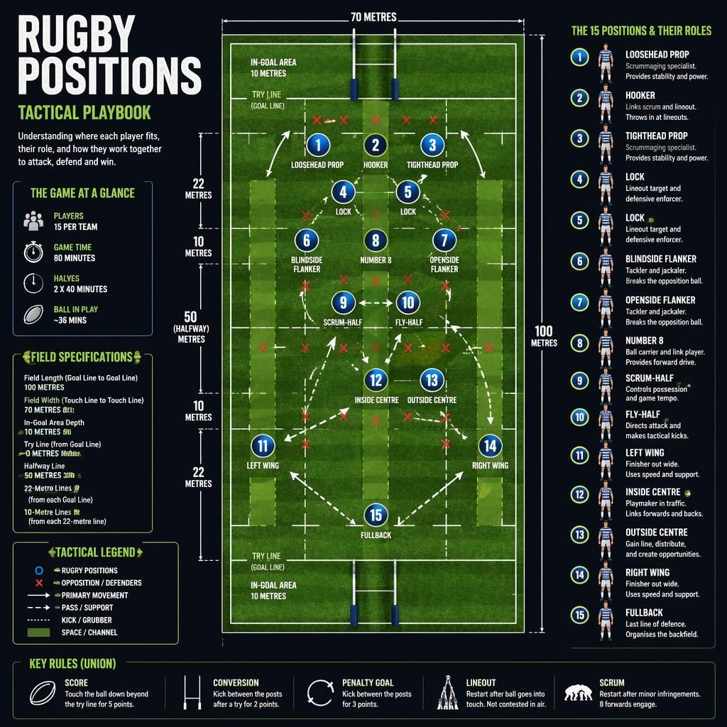 Top-down sports infographic showing rugby positions over a marked field with tactical arrows, labels, legends, and stat callouts.