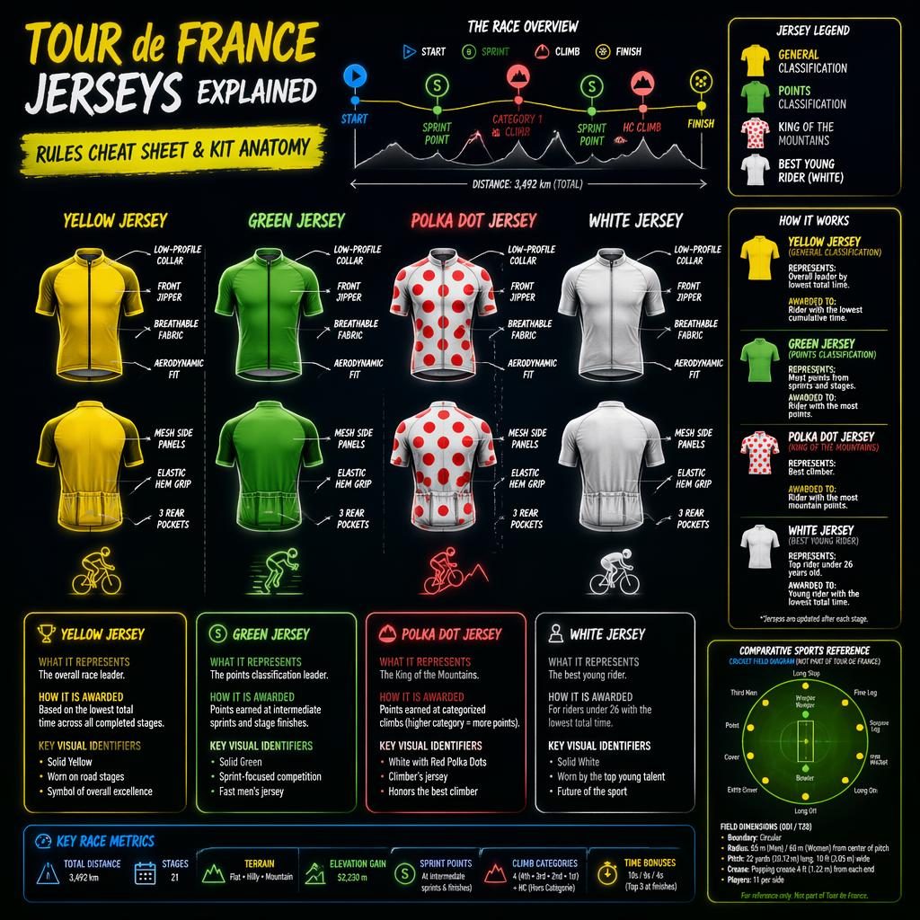 Dark neon sports infographic showing four Tour de France jersey silhouettes with labeled kit anatomy and side notes.