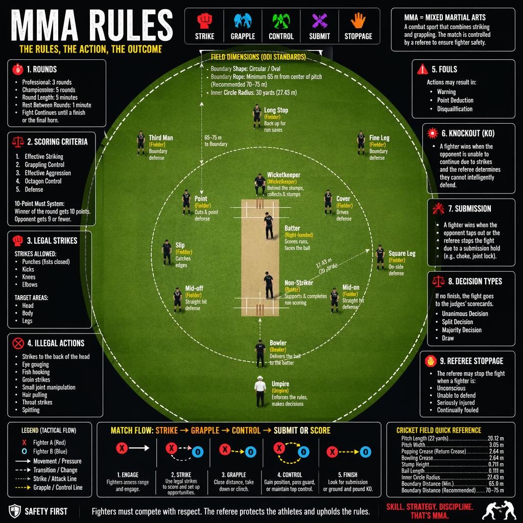 Editorial sports infographic showing MMA rules on a top-down cricket field with player icons, arrows, callouts, and labels.