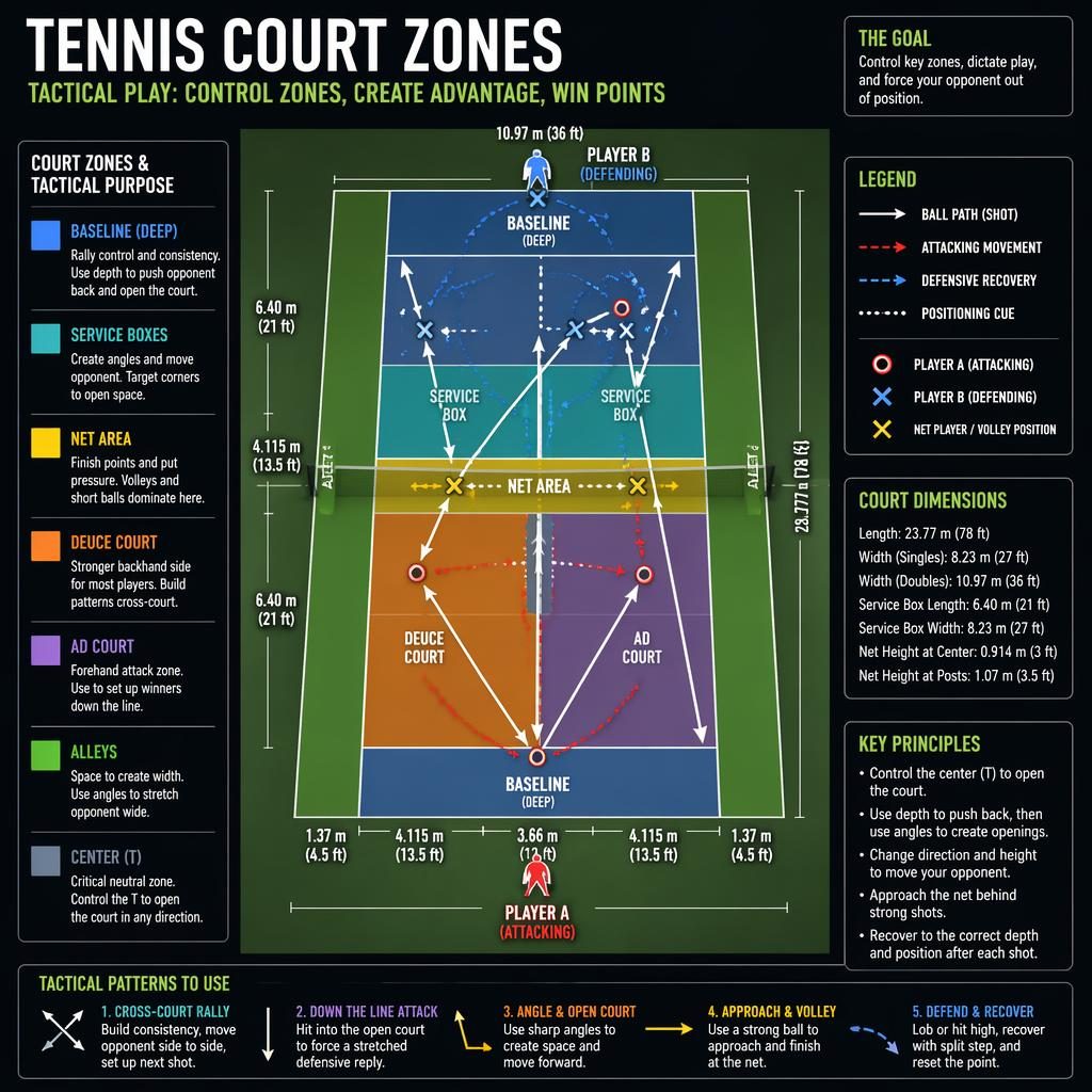 Top-down tennis court zones infographic with Xs, Os, arrows, labels, legend, and player icons in editorial style.