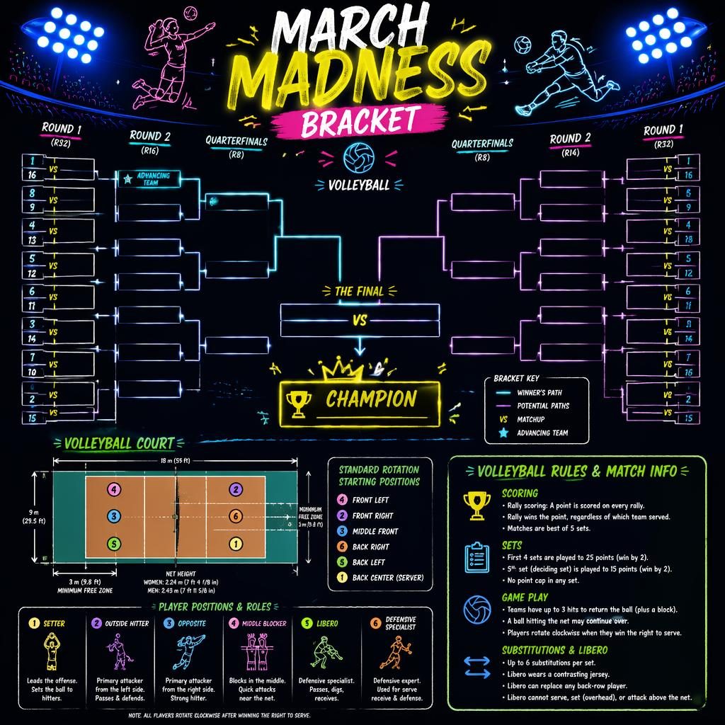 Neon sketchnote volleyball tournament bracket infographic with court diagram, player positions, rules panel, and champion path