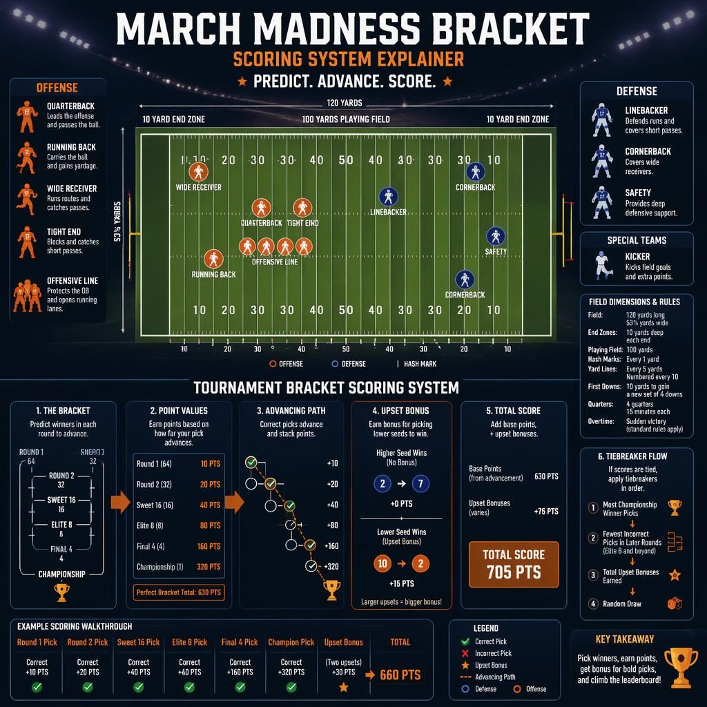 Top-down American football field infographic with position icons, bracket scoring paths, arrows, legends, and score callouts.
