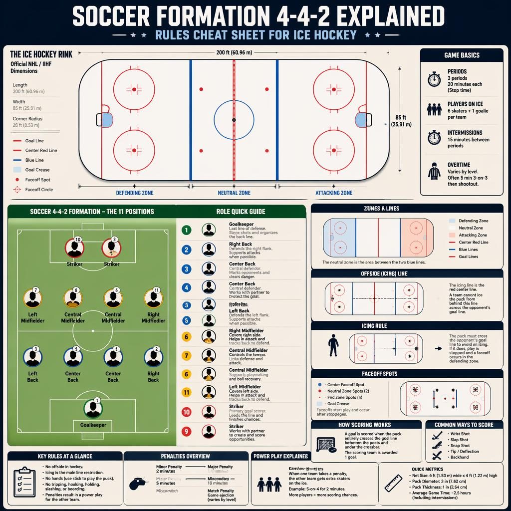 Minimal retro sports infographic showing a hockey rink cheat sheet and a soccer 4-4-2 formation comparison panel.