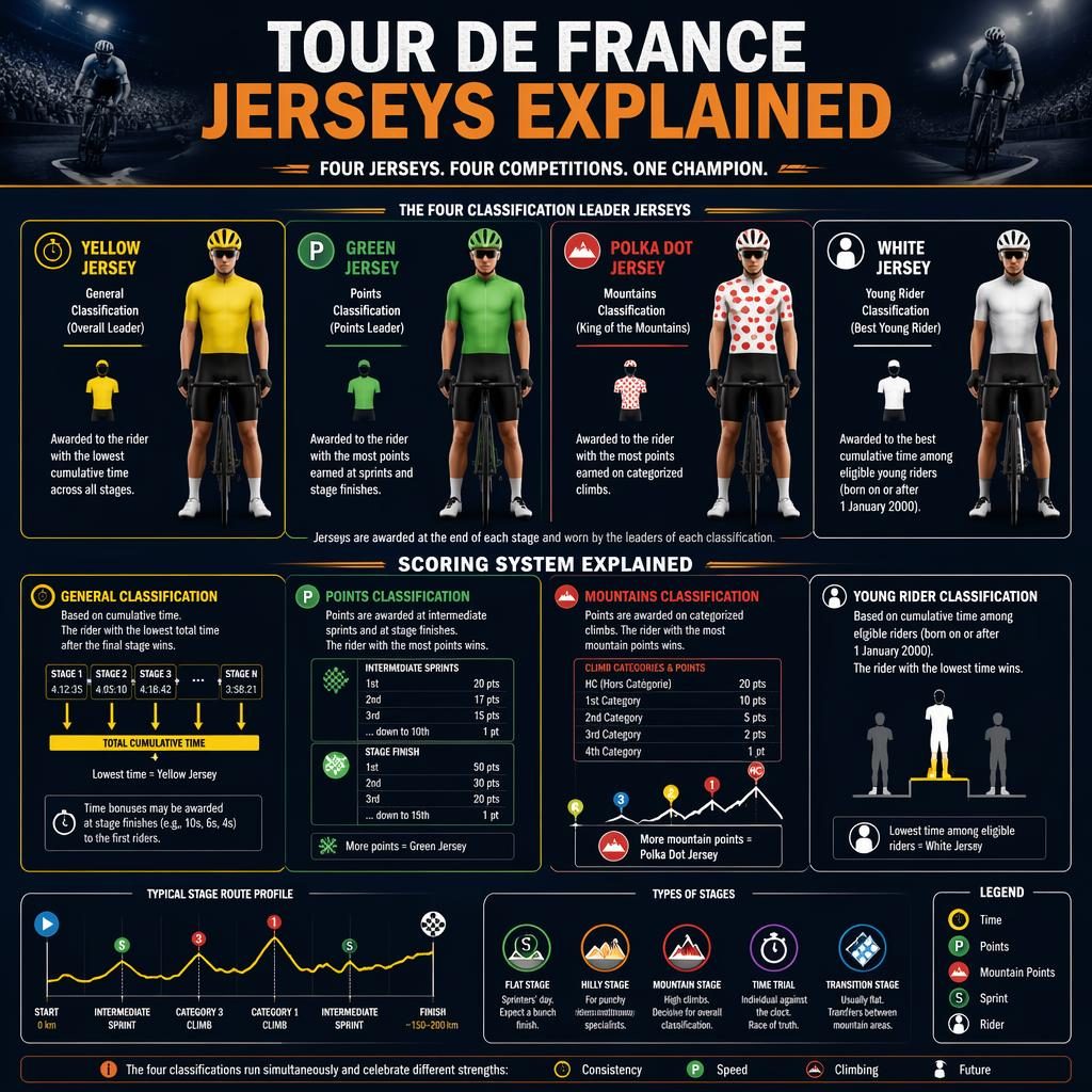 Editorial cycling infographic showing four Tour de France jerseys, scoring panels, icons, route profile, and stage diagrams.