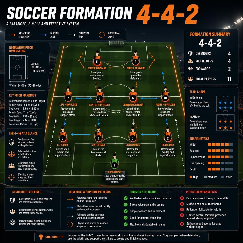 Top-down soccer infographic of a 4-4-2 formation on a dark stadium pitch with labeled player roles, arrows, legend panels, and stats.