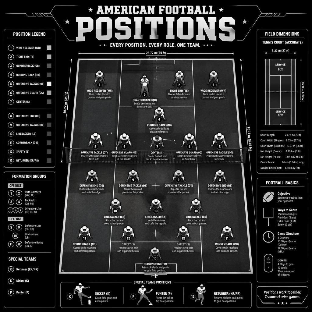 Top-down sports infographic mapping American football positions on an accurately marked tennis court with labeled icons and legend.