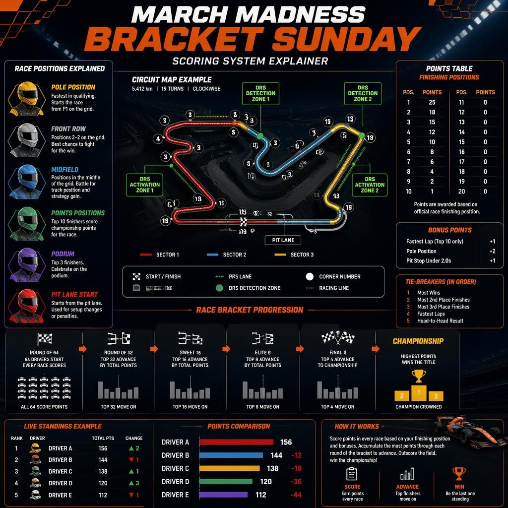 Motorsport bracket sunday infographic with Formula 1 circuit map, points table, race progression bracket, icons, labels.