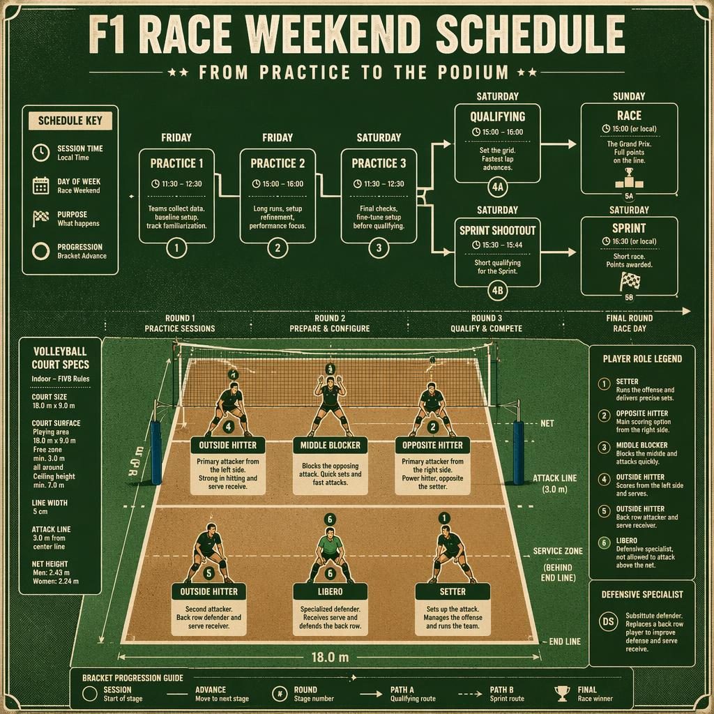 Retro sports infographic of an indoor volleyball court with F1 race weekend bracket stages, player position icons, labels, legend, and white linework.