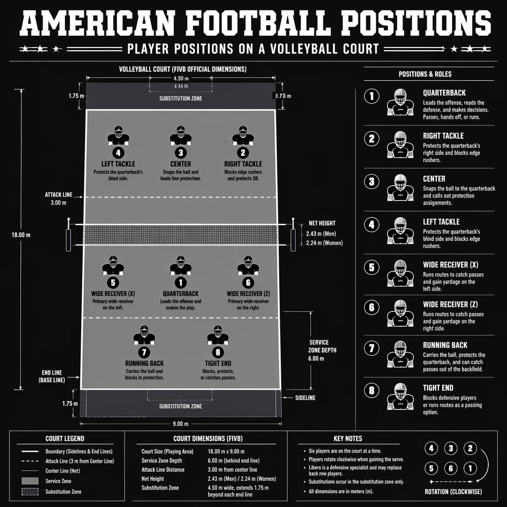 Monochrome top-down volleyball court infographic mapping American football positions with labeled icons, legend, and metric lines.