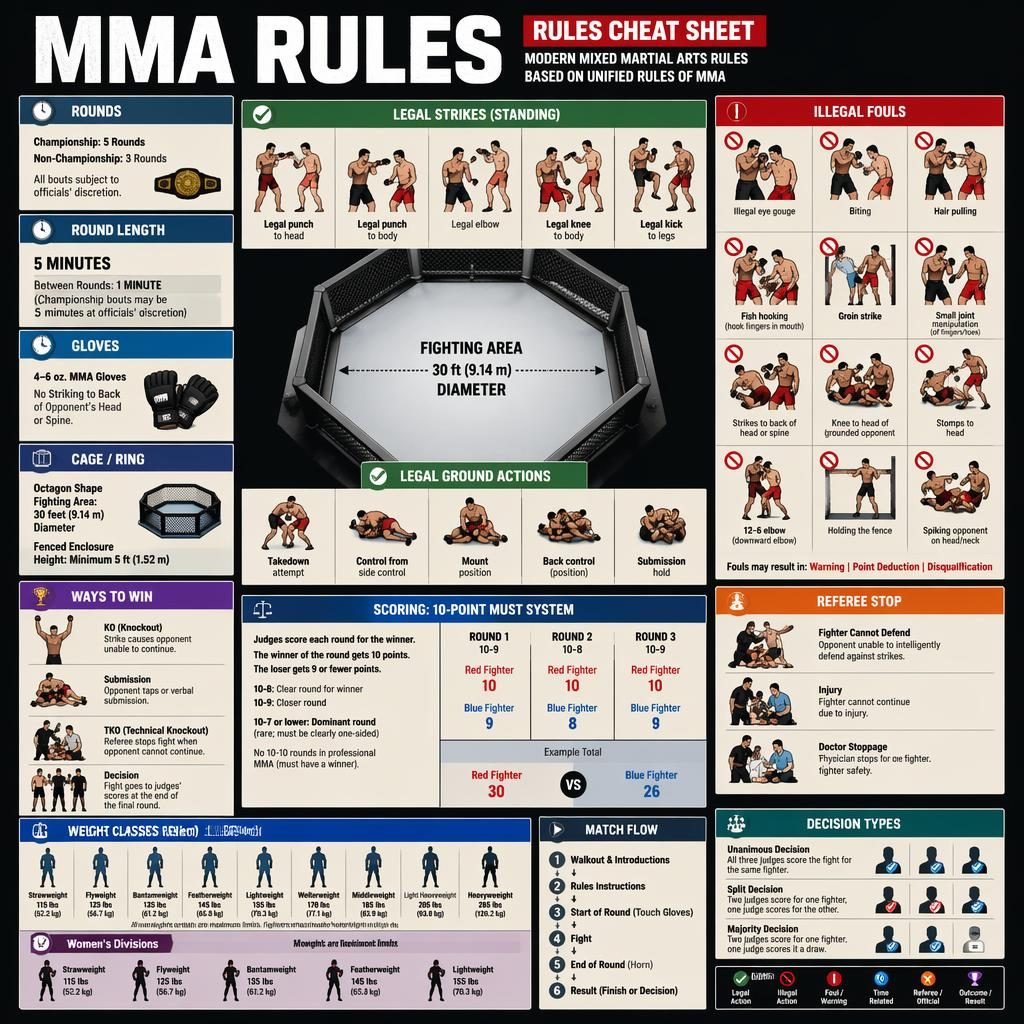 Editorial MMA rules infographic with top-down octagon, legal and illegal actions, scoring panel, fouls, weight classes.