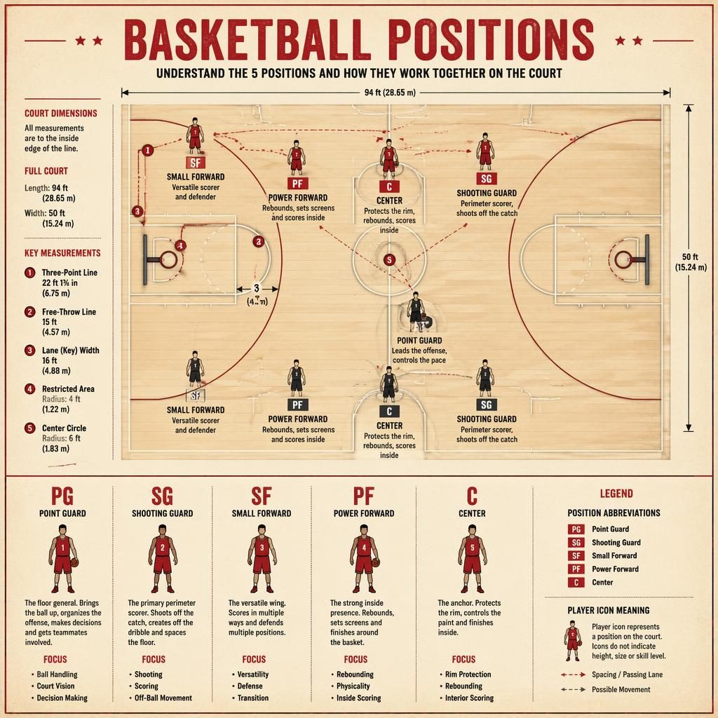 Top-down basketball positions infographic on a full court with PG, SG, SF, PF, and C labels, role captions, legend, and guides.