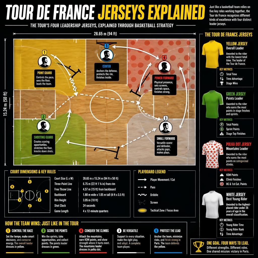 Top-down basketball court infographic with Xs and Os, player positions, arrows, and Tour de France jersey color legends.