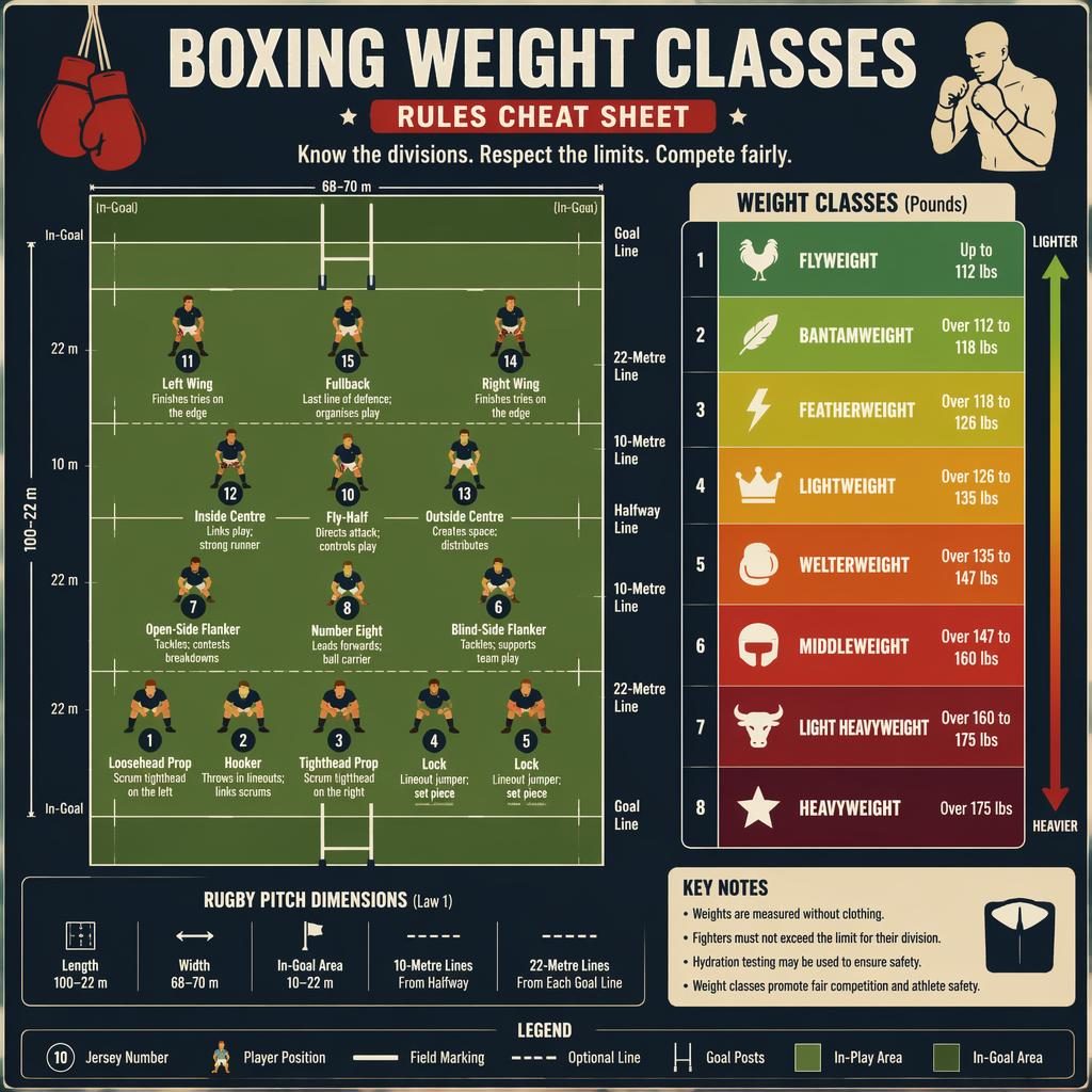 Minimal flat sports infographic showing boxing weight classes on a scaled rugby pitch with labeled player icons and legends.