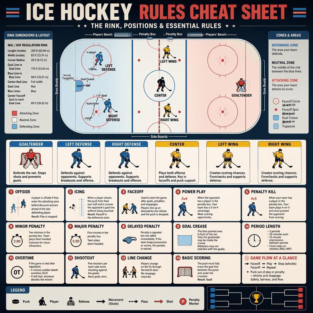 Top-down ice hockey rink infographic with player positions, rules panels, legend, and a small updated bracket graphic.
