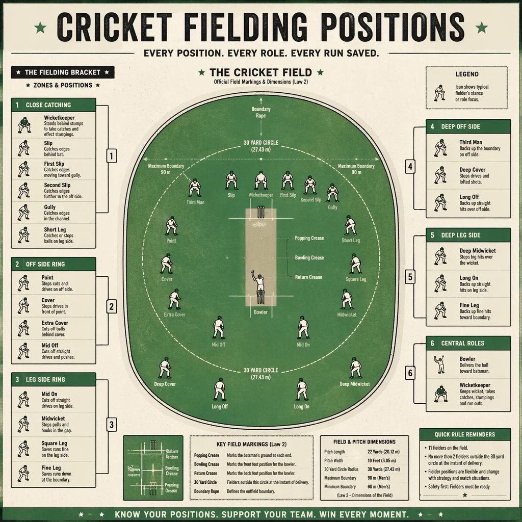 Retro cricket infographic with tournament bracket layout, oval field, labeled fielding positions, player icons, and rulebook markings.