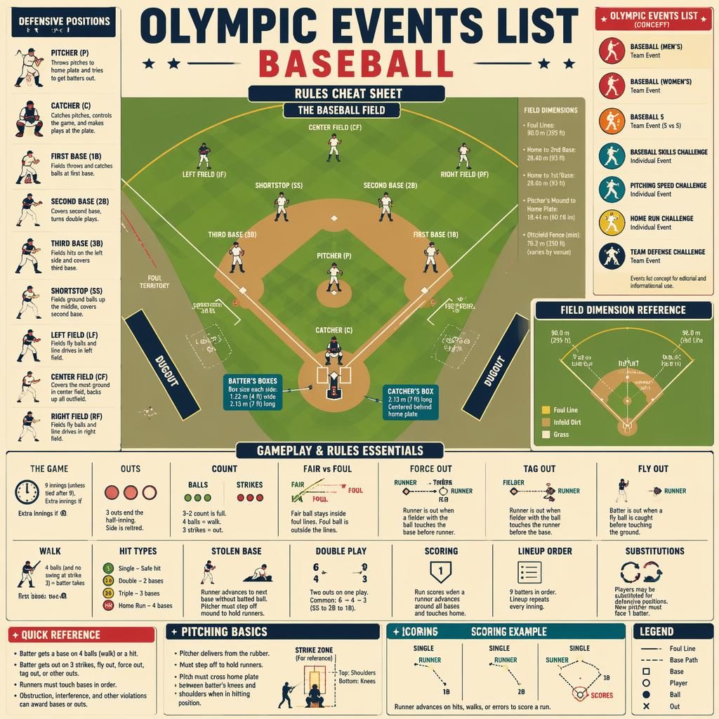 Retro pop baseball rules cheat sheet infographic with scaled field diagram, positions, rule panels, and event list section.