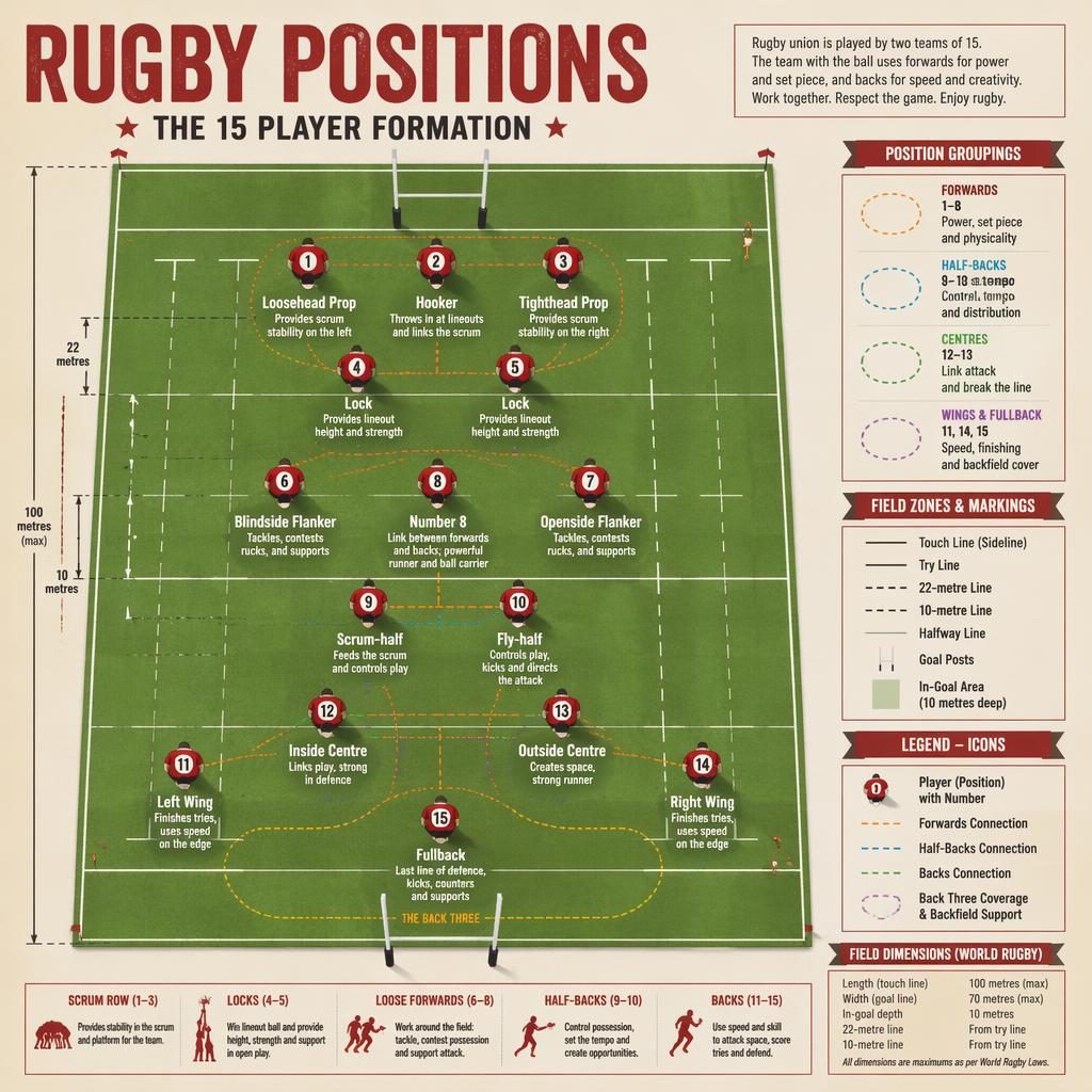 Top-down rugby union pitch infographic with 15 labeled player positions, role captions, legend, and vintage cream red coaching style.