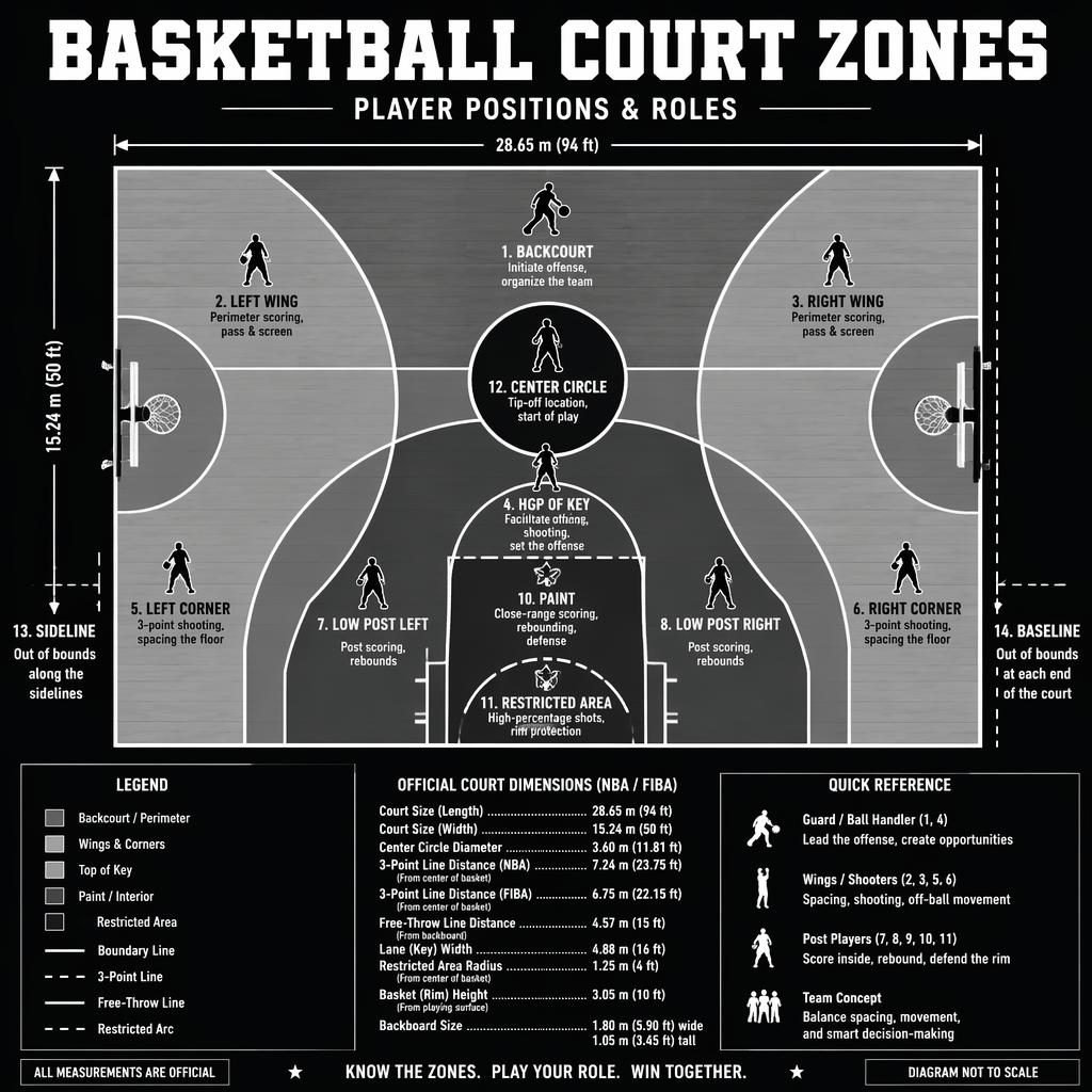 Top-down monochrome basketball court infographic with labeled zones, player icons, legend, and measurement callouts.