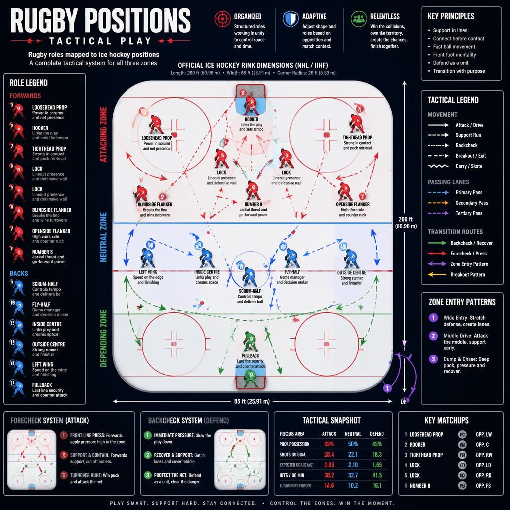 Top-down ice hockey rink infographic mapping rugby positions with Xs and Os, arrows, labels, legend, and stat panels.