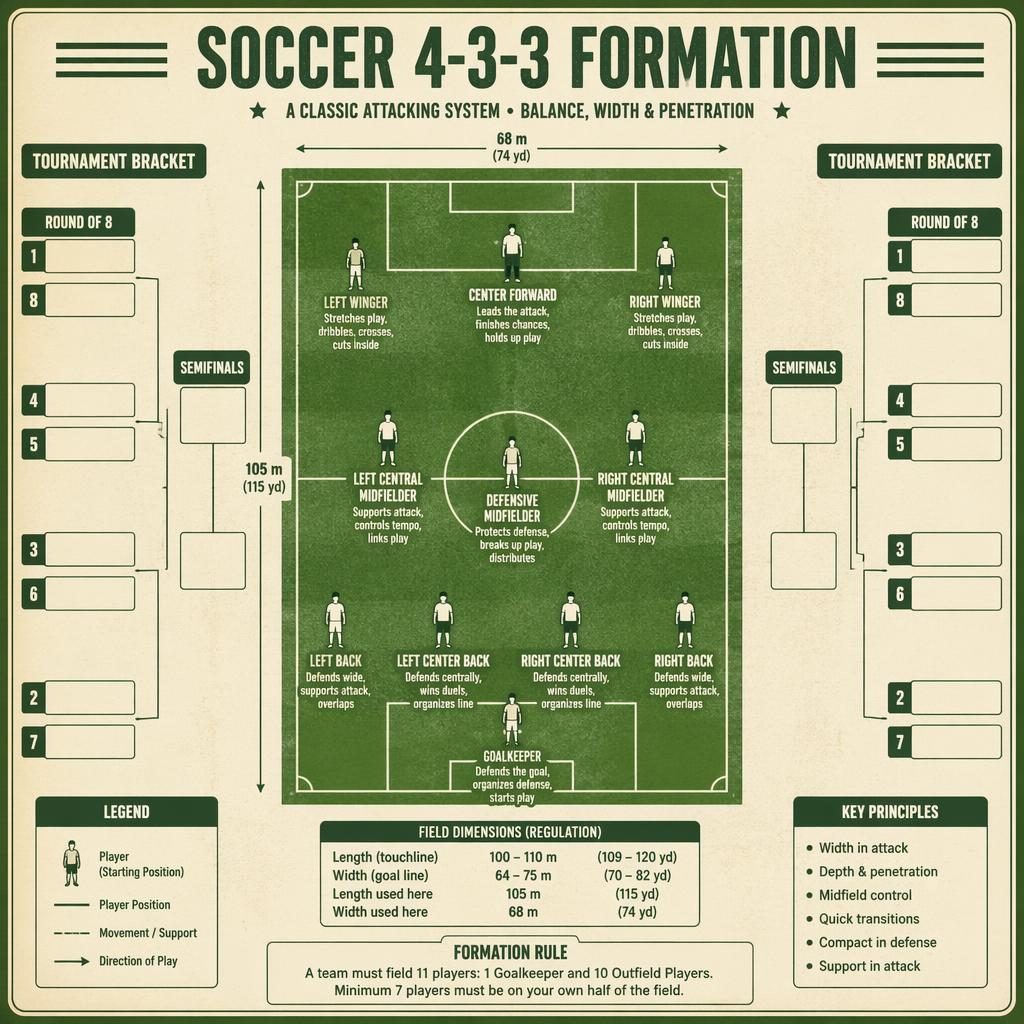Retro sports infographic with an 8 team bracket around a top-down soccer field showing a labeled 4-3-3 formation.