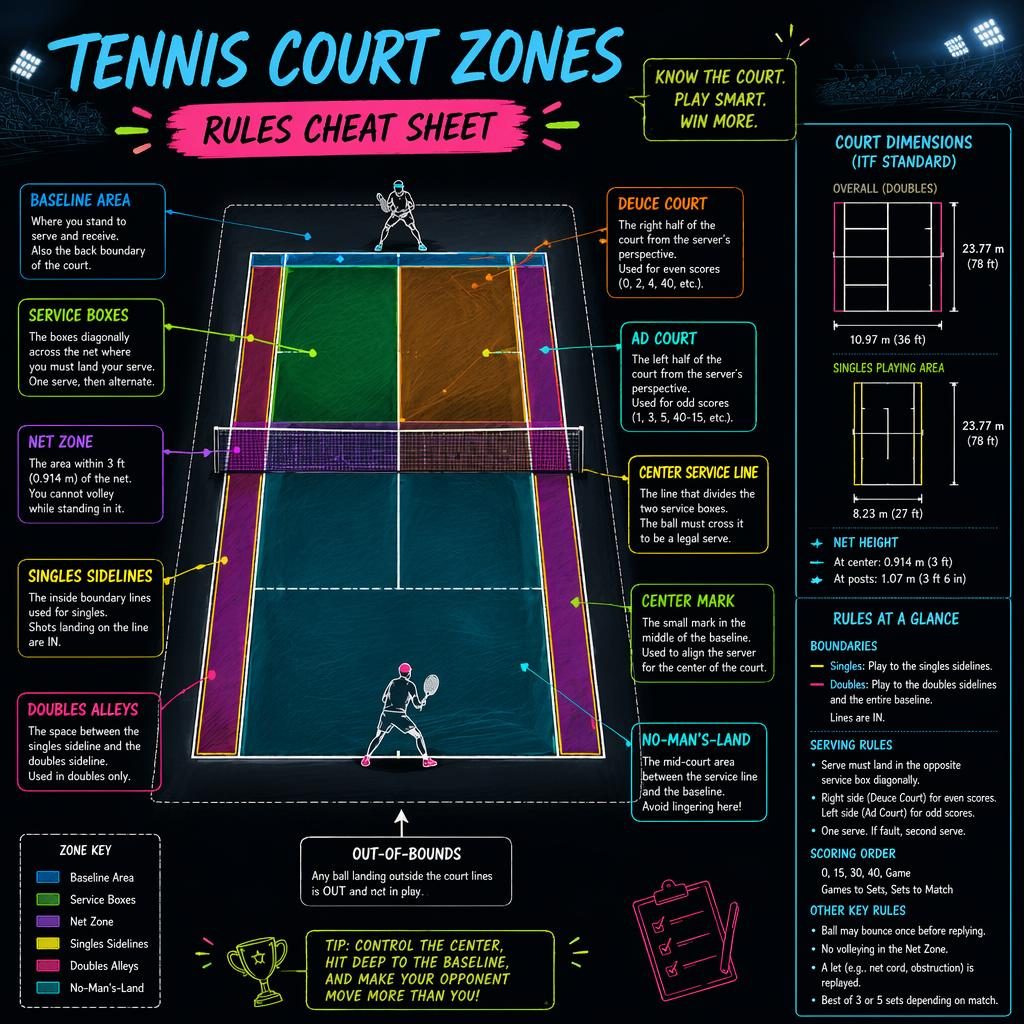Dark neon sketchnote infographic showing a top-down tennis court with labeled zones, dimensions, rules panel, and player icons.