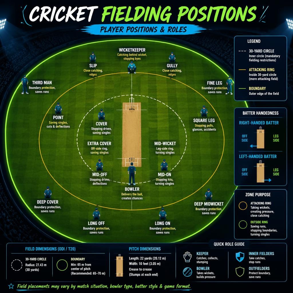 Top-down cricket field infographic with labeled fielding positions, neon stadium palette, glowing lines, and chalk notes