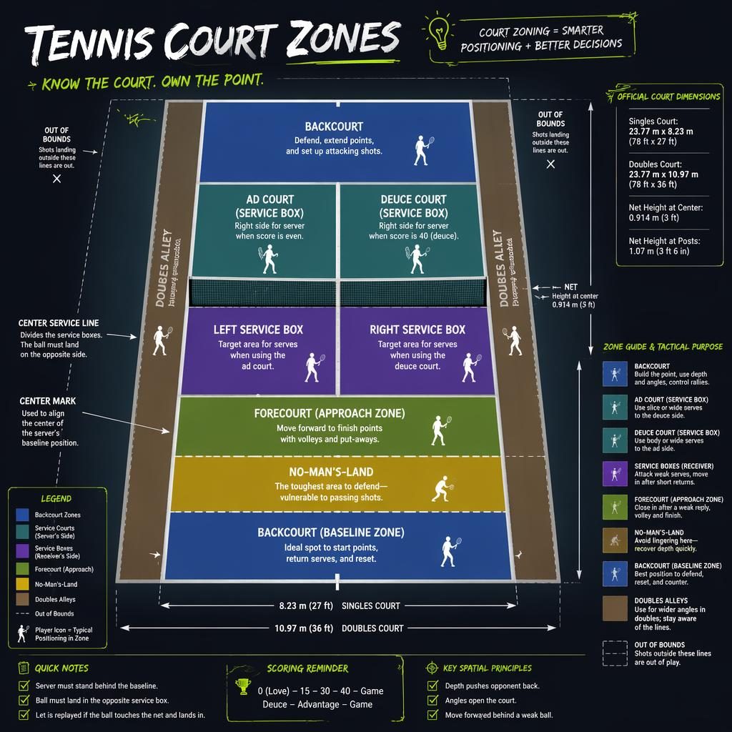 Top-down tennis court zones infographic with labeled court areas, player icons, legend, and official dimension callouts in neon sketchnote style.