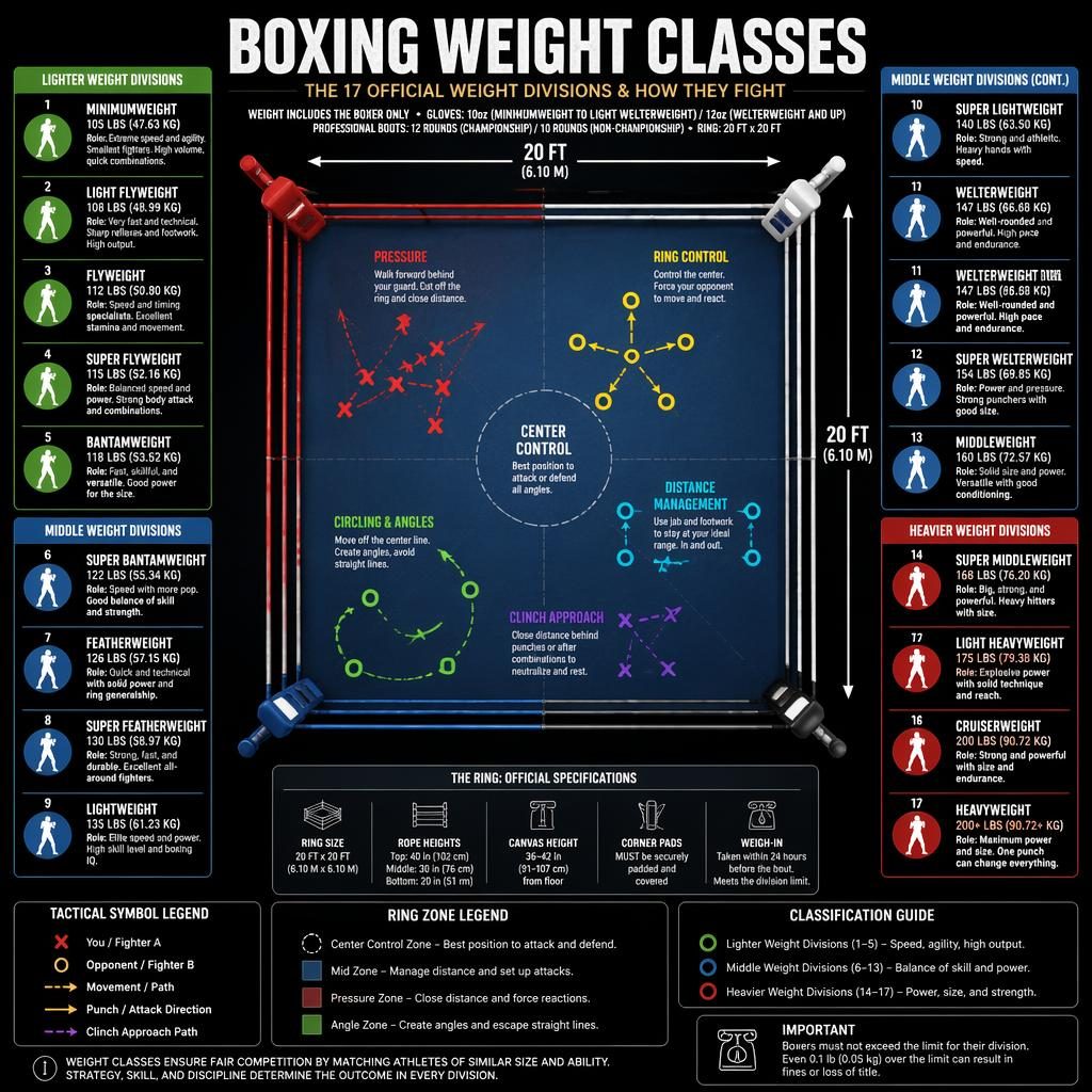 Top-down boxing ring infographic showing official weight classes, tactical arrows, icon nodes, legend, and scale-based ring details.