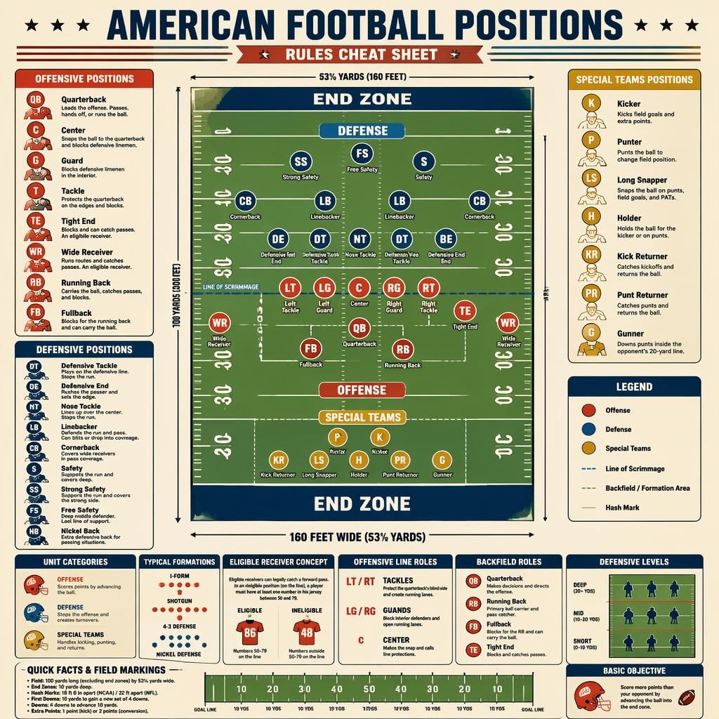 Minimal flat sports infographic of American football positions on a scaled field with labeled offense, defense, and special teams.