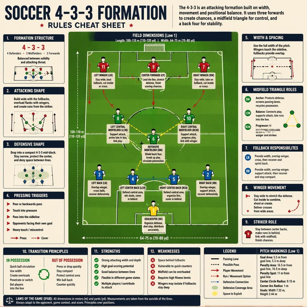 Top-down soccer pitch infographic showing a 4-3-3 formation, labeled player roles, arrows, cheat-sheet panels, and legend.