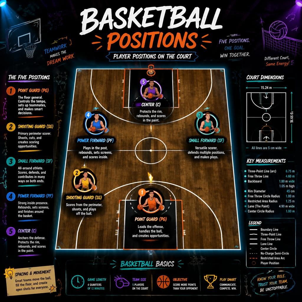 Top-down basketball court infographic with five player positions, role labels, neon sketchnote styling, and subtle volleyball doodles.