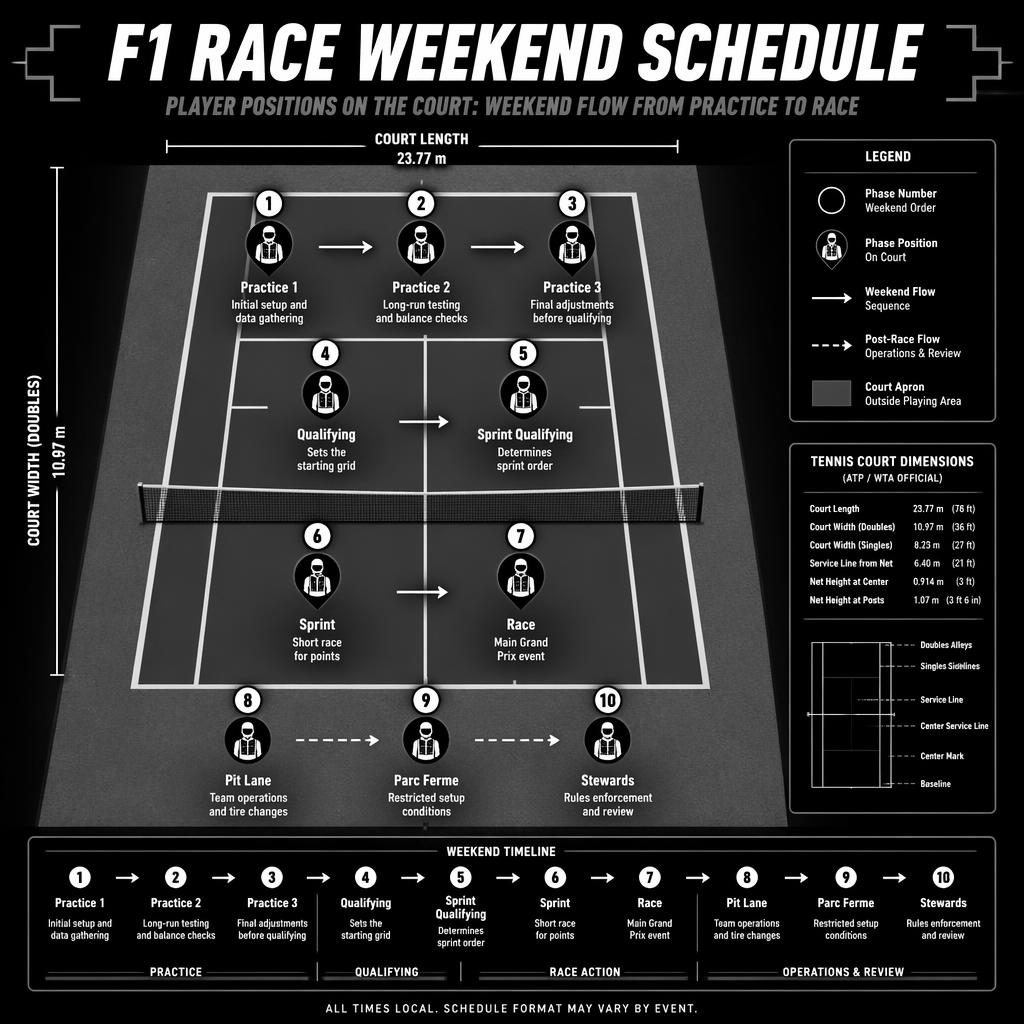 Monochrome top-down tennis court infographic mapping F1 race weekend phases with labeled icons, arrows, legend, and timeline.