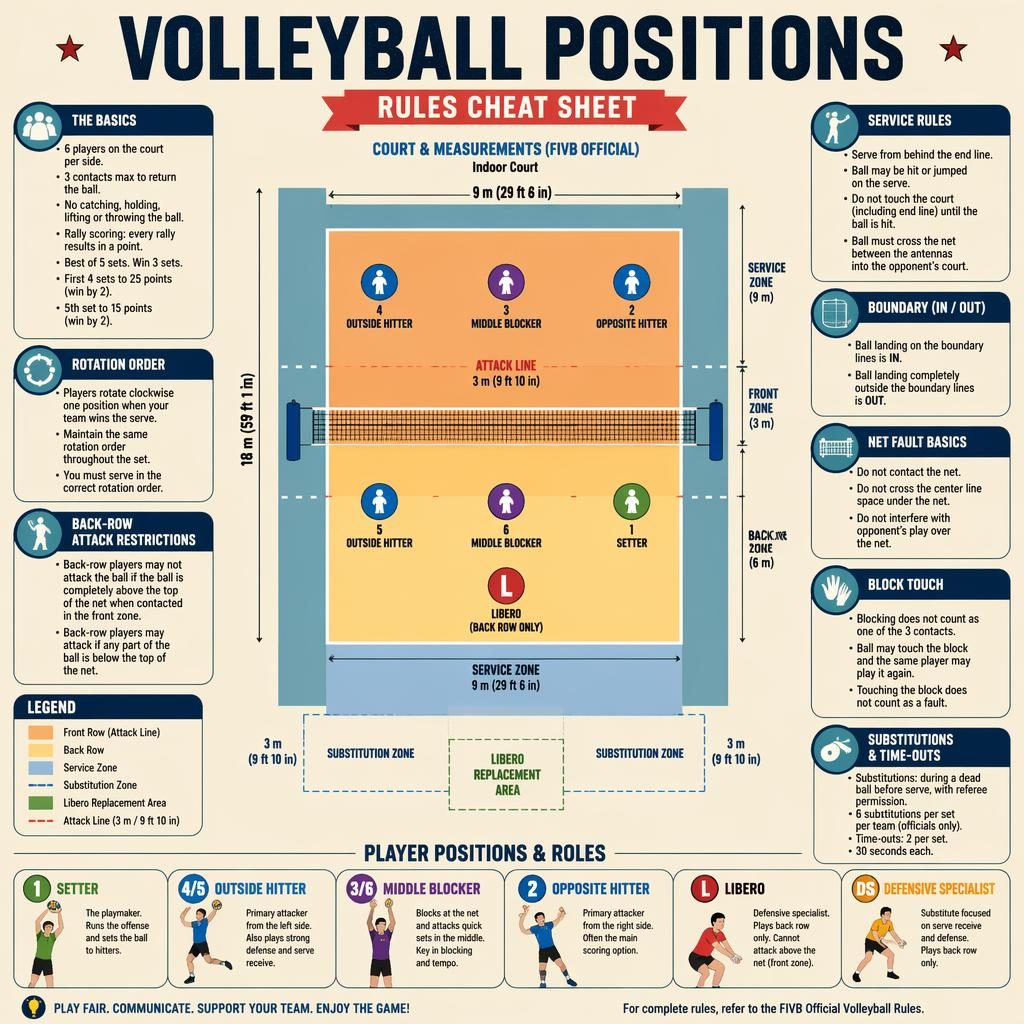 Top-down volleyball court infographic with labeled positions, role captions, rule panels, arrows, and retro flat design.