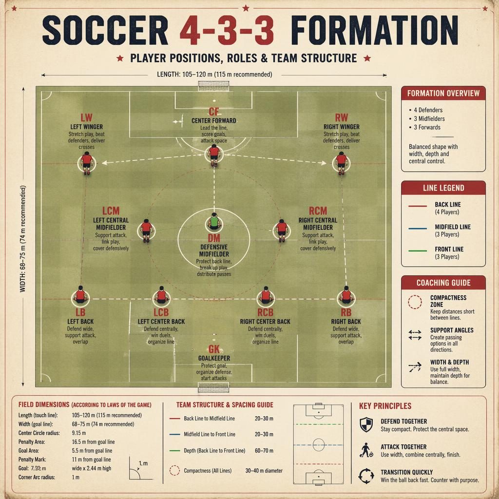 Infografía deportiva de una formación 4-3-3 en campo de fútbol visto desde arriba con 11 posiciones, leyenda y guías tácticas.