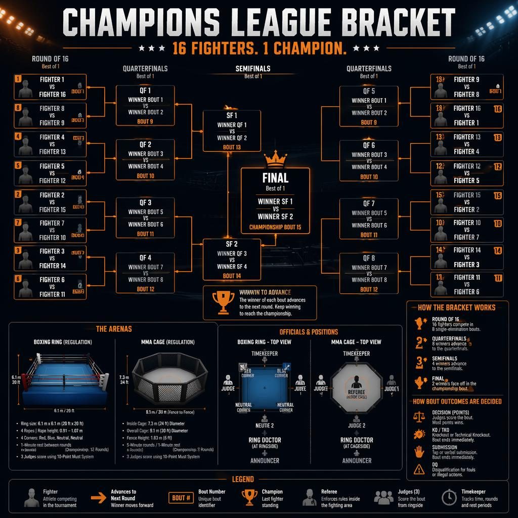Dark navy and orange combat sports tournament bracket infographic with boxing ring, MMA cage diagrams, bout slots, icons.