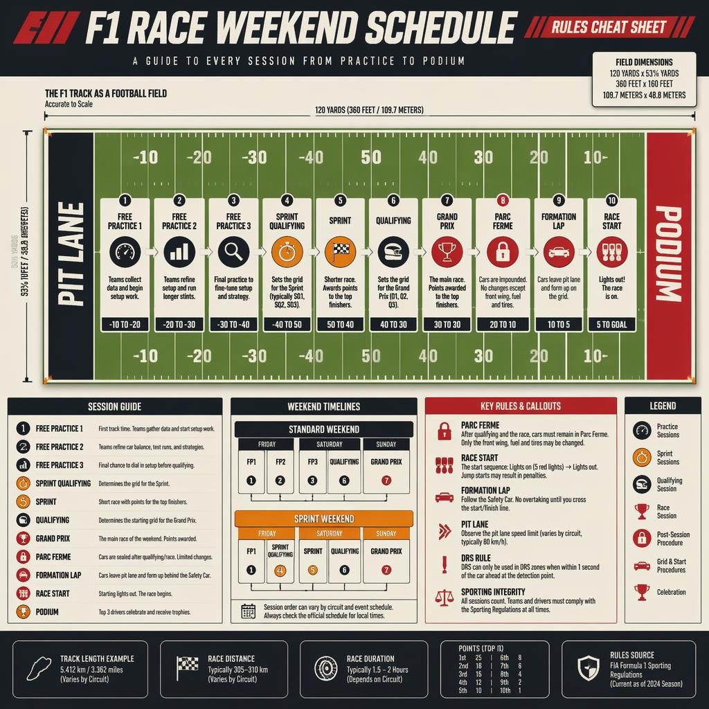 Top-down football field infographic showing F1 race weekend schedule panels, timeline blocks, legend, and event icons.