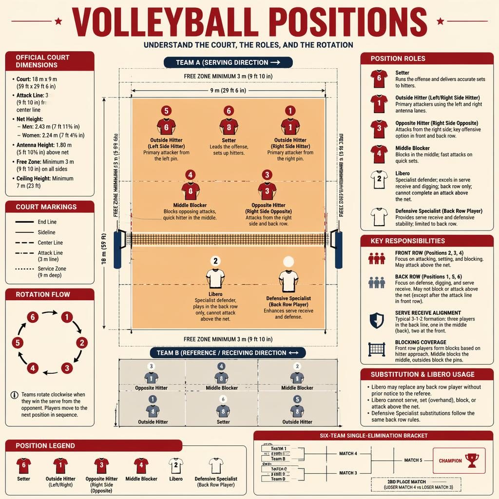Top-down volleyball positions infographic with labeled court zones, player roles, rotation arrows, side notes, and bracket inset.
