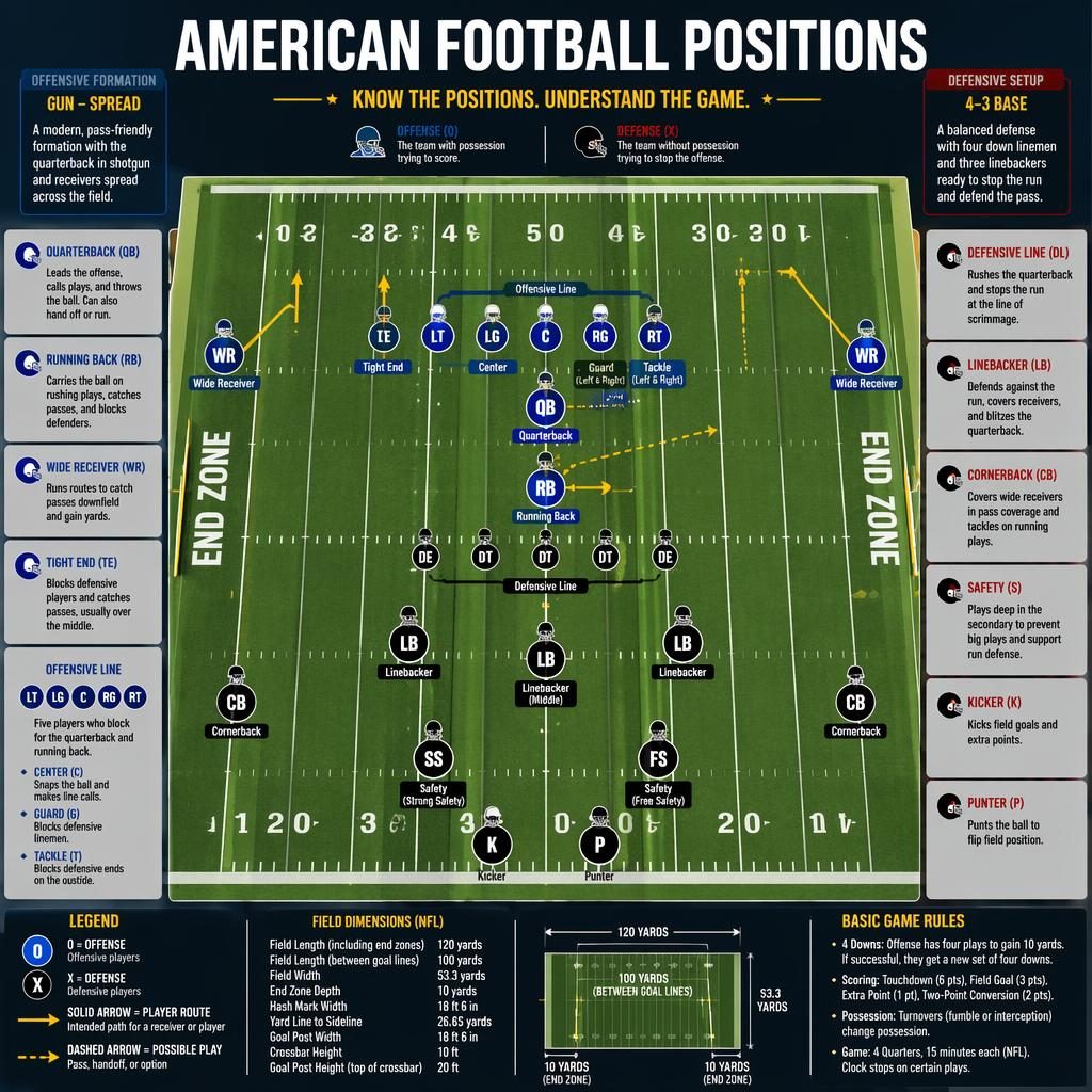 Top-down American football positions infographic with labeled offense, defense, Xs and Os, arrows, legend, and field markings.