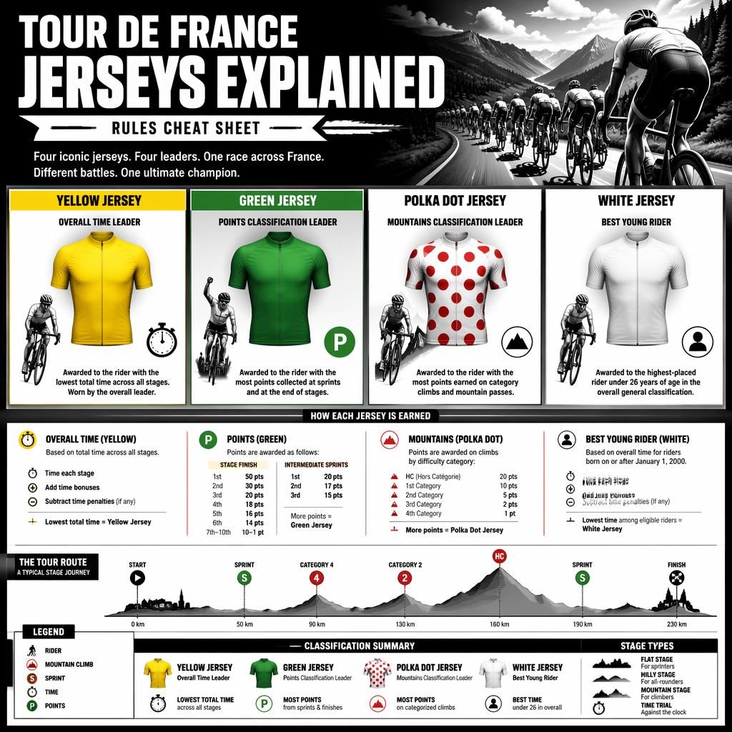 Monochrome cycling infographic with four Tour de France jersey panels, route profile, mountain and sprint icons, legend.