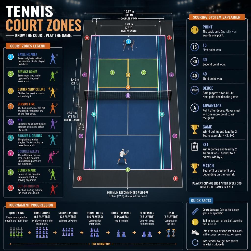 Top-down tennis court zones infographic in a dark stadium, with scoring panel, player icons, and tournament draw motif.
