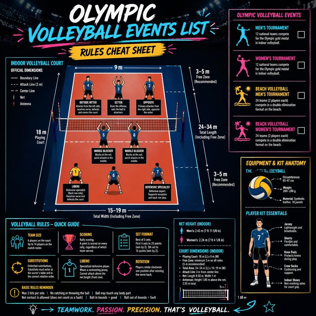 Neon sketchnote volleyball infographic with court diagram, player roles, rules cheat sheet, events list, and kit inset.