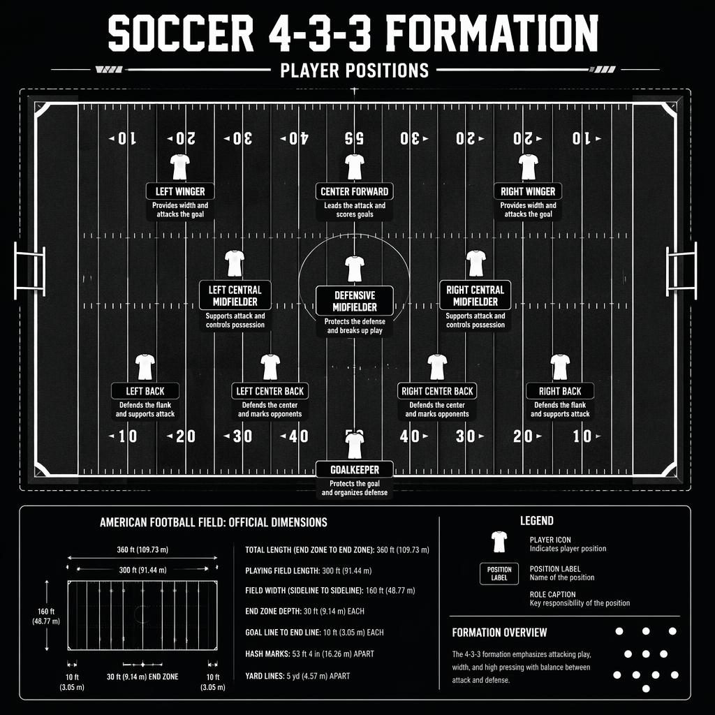 Infographie sport en vue du dessus montrant une formation soccer 4-3-3 sur un terrain de football américain avec 11 postes légendés.