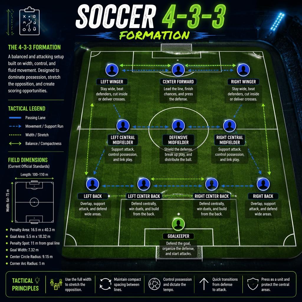 Top-down soccer 4-3-3 formation infographic with labeled player positions, role captions, field markings, and neon sketchnote style.