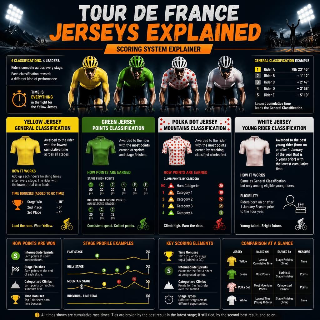 Sports infographic showing four Tour de France jerseys with cyclist icons, scoring panels, mountain and sprint symbols.
