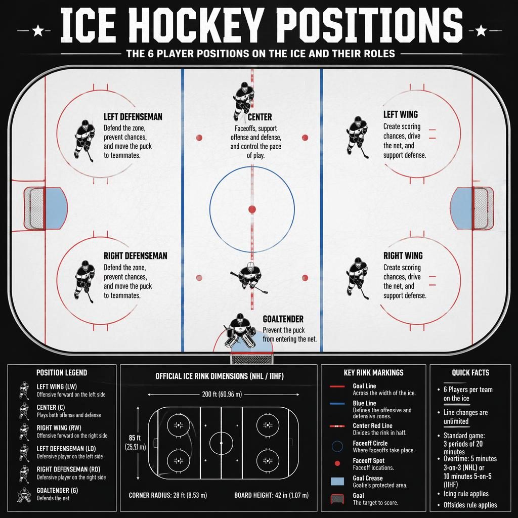 Monochrome ice hockey rink infographic with labeled player positions, role captions, icons, and official rink markings.